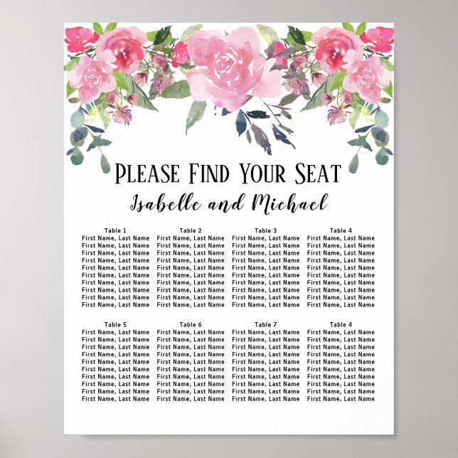 Rosa Vattenfärgsdiagram Blommigt 8-Bord Poster (Framsidan)