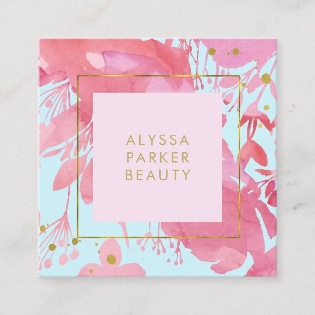 Rosa Vattenfärgsfärg Blommigt och Baby blue med Gu Fyrkantigt Visitkort (Framsida)