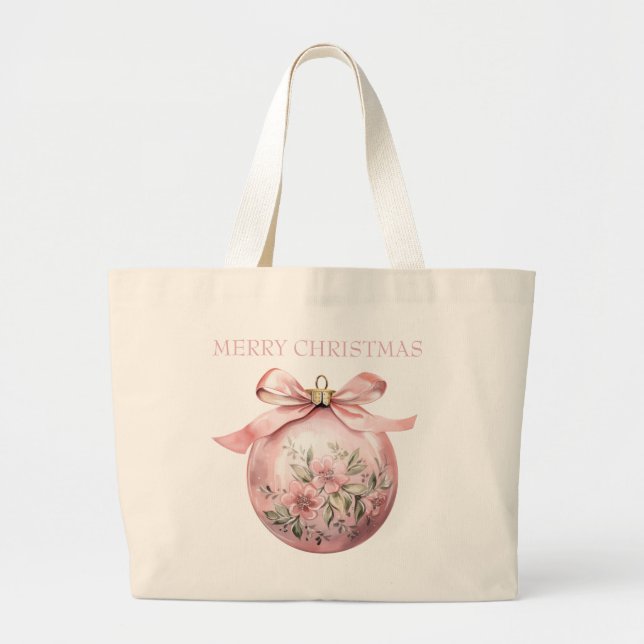 Rosa Vattenfärgsfärgad Blommigt jul Ornament Jumbo Tygkasse (Framsidan)