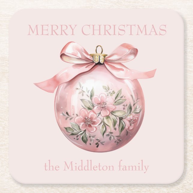Rosa Vattenfärgsfärgad Blommigt jul Ornament Underlägg Papper Kvadrat (Framsidan)