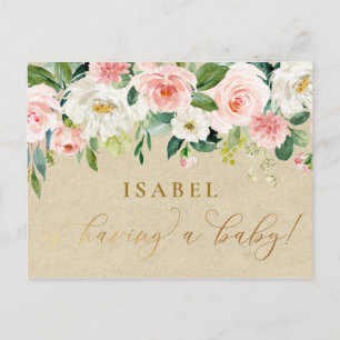 Rosa Vattenfärgsfärgad Blommigt och Kraft Baby Sh Vykort