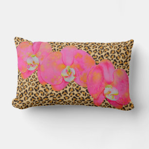 Rosa vattenfärgsfärgad blommigt orchids leopard ch lumbarkudde