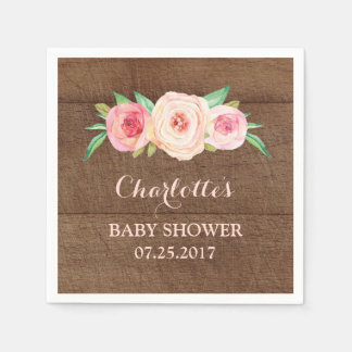 Rosa Vattenfärgsfärgad Blommigt Wood Baby Shower Pappersservett