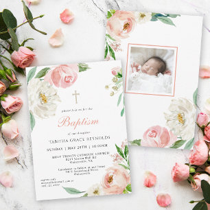  Rosa Vattenfärgsfärgning Blommigt Baby Baptism Inbjudningar