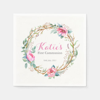 Rosa Vattenfärgsfärgning Blommigt Napkins Party Pappersservett