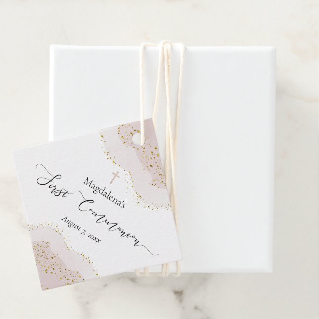 rosa vattenfärgsfaux guld glitter Första kommissio Gåvor Etiketter (På plats)