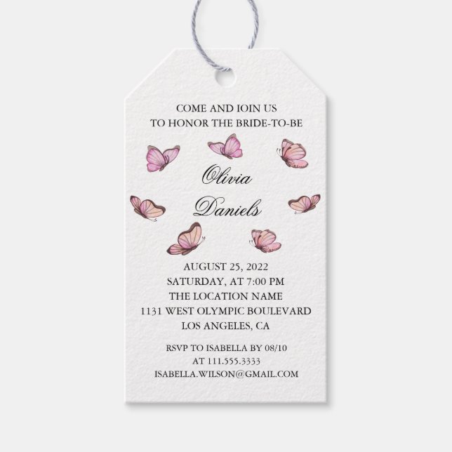 Rosa vattenfärgsfjäril. Möhippa Gift-Märkre Presentetikett (Framsidan)