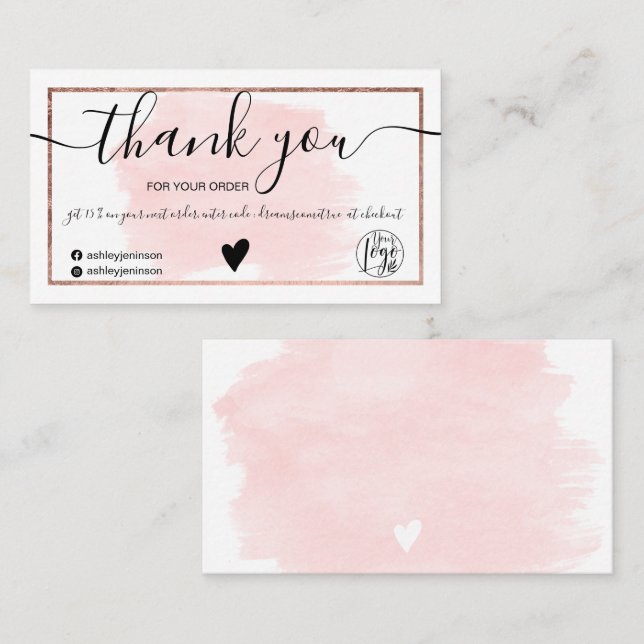 Rosa vattenfärgsfolie ro guld tack visitkort (Fram/baksida)