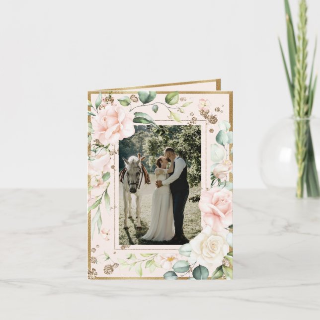 Rosa  vattenfärgsfoto Blommigt Bröllop Tack Kort (Framsida)