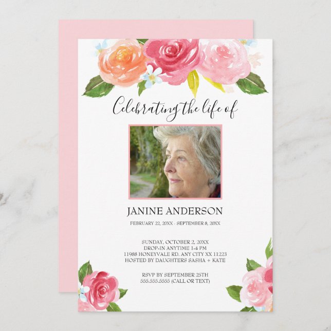 Rosa vattenfärgsfoto blommigt Life firande Inbjudningar (Fram/baksida)