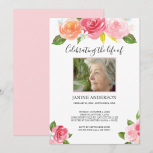 Rosa vattenfärgsfoto blommigt Life firande Inbjudningar