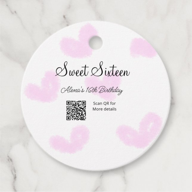Rosa vattenfärgshjärtan QR-Sweet sixteen-födelseda Gåvor Etiketter (Framsida)