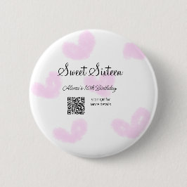 Rosa vattenfärgshjärtan QR-Sweet sixteen-födelseda Knapp