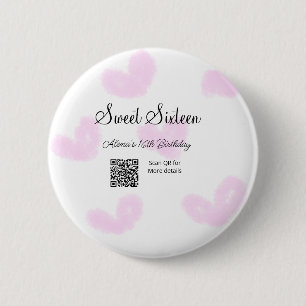 Rosa vattenfärgshjärtan QR-Sweet sixteen-födelseda Knapp