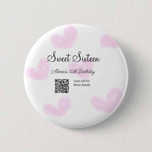 Rosa vattenfärgshjärtan QR-Sweet sixteen-födelseda Knapp (Framsida)