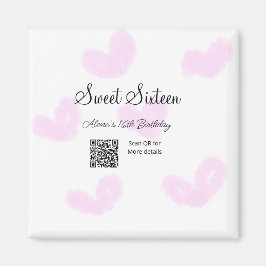 Rosa vattenfärgshjärtan QR-Sweet sixteen-födelseda Magnet