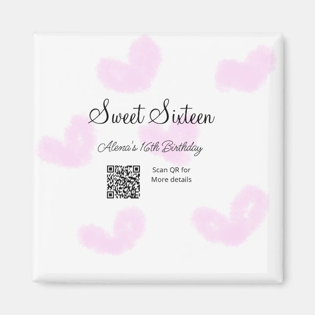 Rosa vattenfärgshjärtan QR-Sweet sixteen-födelseda Magnet (Framsidan)