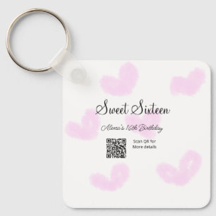 Rosa vattenfärgshjärtan QR-Sweet sixteen-födelseda Nyckelring