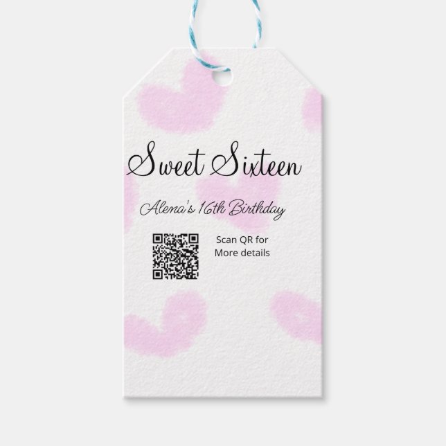 Rosa vattenfärgshjärtan QR-Sweet sixteen-födelseda Presentetikett (Framsidan)