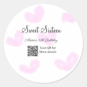 Rosa vattenfärgshjärtan QR-Sweet sixteen-födelseda Runt Klistermärke