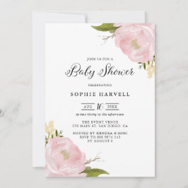 Rosa Vattenfärgskläder Peonies Söt Baby Shower Inbjudningar