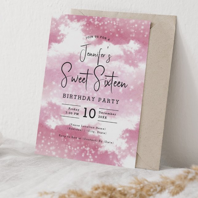  Rosa Vattenfärgskluster Söt 16 Party Inbjudningar (Blush Pink Watercolor Clouds Sweet 16 Party Invitation)