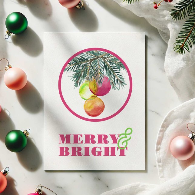 Rosa Vattenfärgskort för julgranar Anteckningskort (Merry and Bright Christmas cards features watercolor pink bauble art by Victoria Grigaliunas )