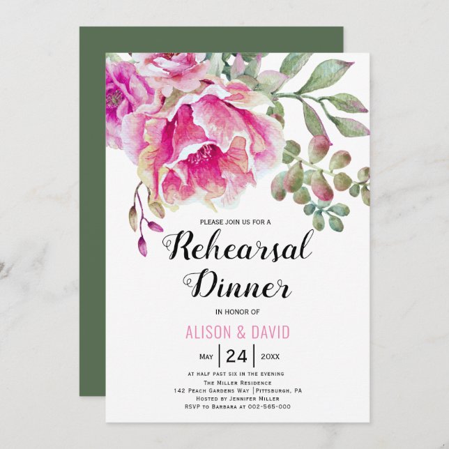 Rosa vattenfärgsmiddag blommigt bröllop-repetition inbjudningar (Fram/baksida)