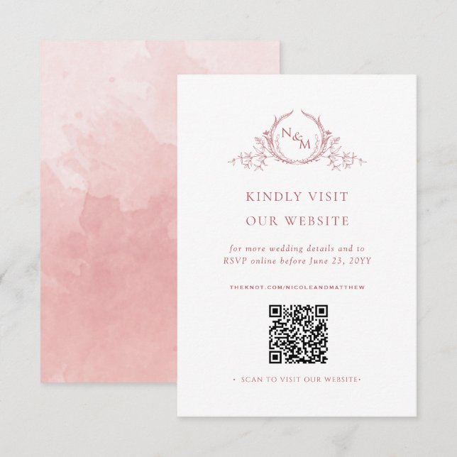  Rosa Vattenfärgsmonogram QR-kod/OSA-Online Tilläggskort (Fram/baksida)