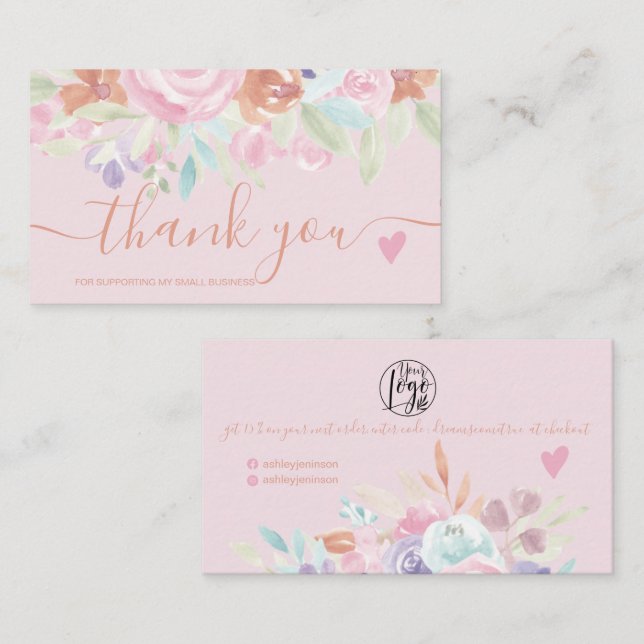 Rosa vattenfärgsordning för mjuk pastellblommigt t visitkort (Fram/baksida)