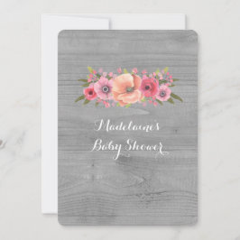 Rosa Vattenfärgsskare Blommigt Rustic Wood Baby Sh Inbjudningar