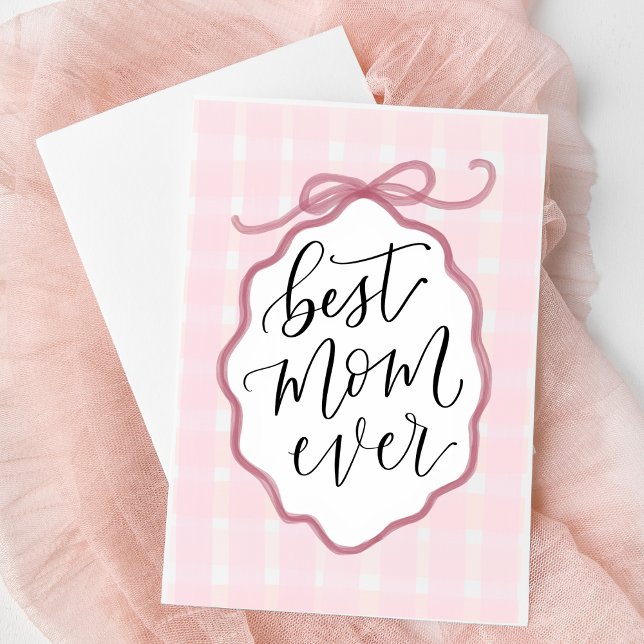 Rosa Vattenfärgssnurr Mammas Dag-kort Julkort (Best Mom Ever Card | Hand-lettered Pink Bow Design | Sweet Custom Greeting for Mother's Day Gift)