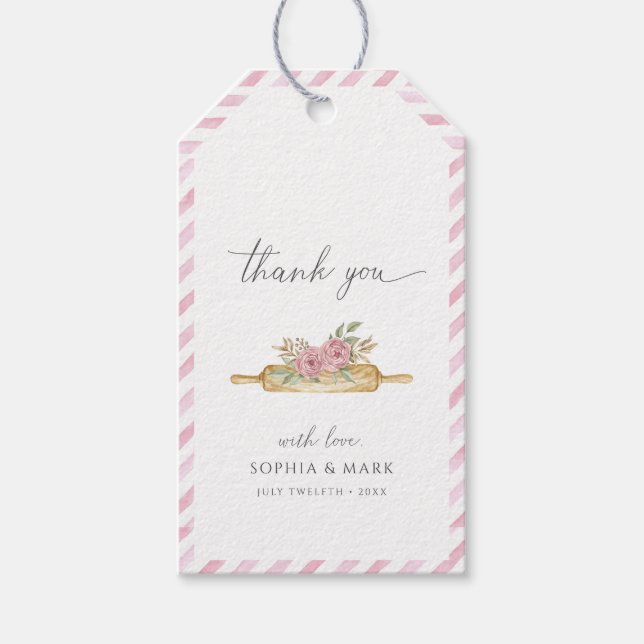 Rosa vattenfärgsstrimlad Tack Presentetikett (Framsidan)