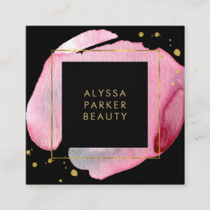 Rosa vattenfärgstänk på svart med guld fyrkantigt visitkort