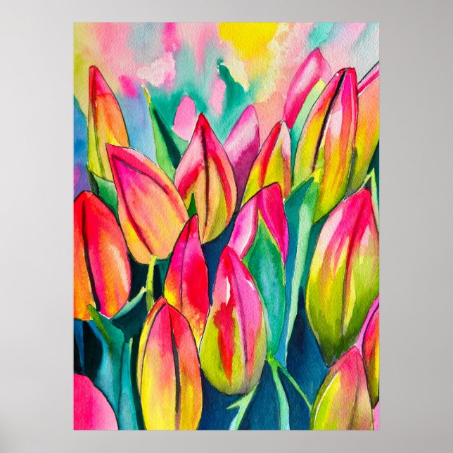 Rosa vattenfärgstulipperkonst poster (Framsidan)