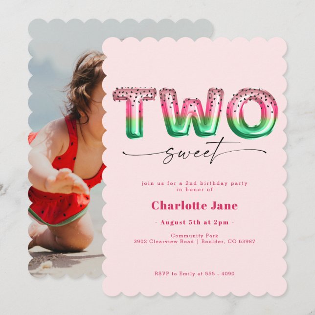 Rosa vattenmelonballong 2-års födelsedagsinbjudan inbjudningar (Fram/baksida)
