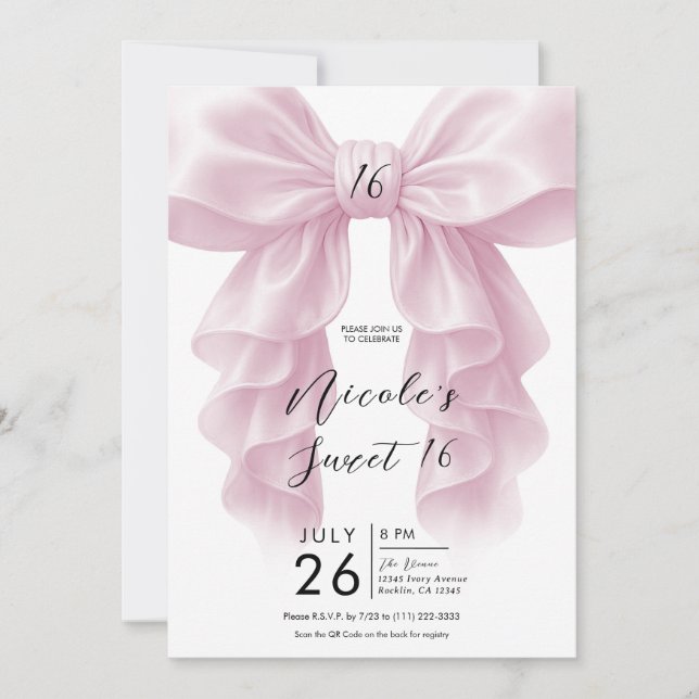 Rosa veckad kaskadbou Elegant söt 16-fest Inbjudningar (Framsida)