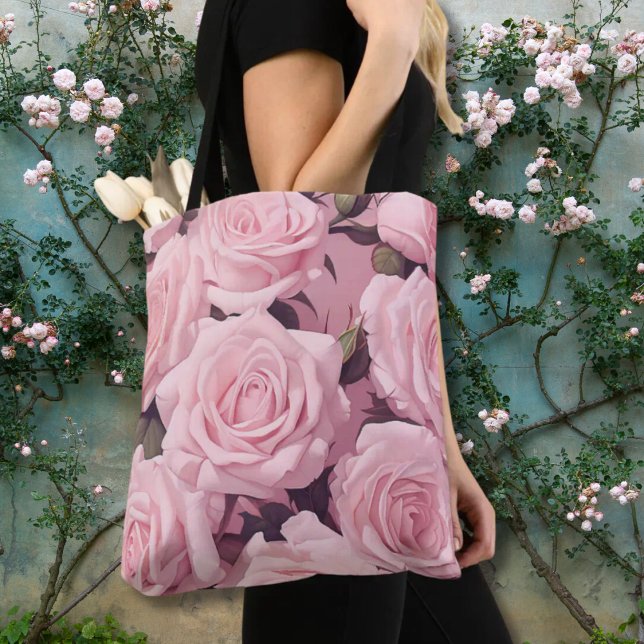 Rosa Velvet Ro Garden Allover tryckt Tygkasse (Pink Velvet Rose Petals Tote)