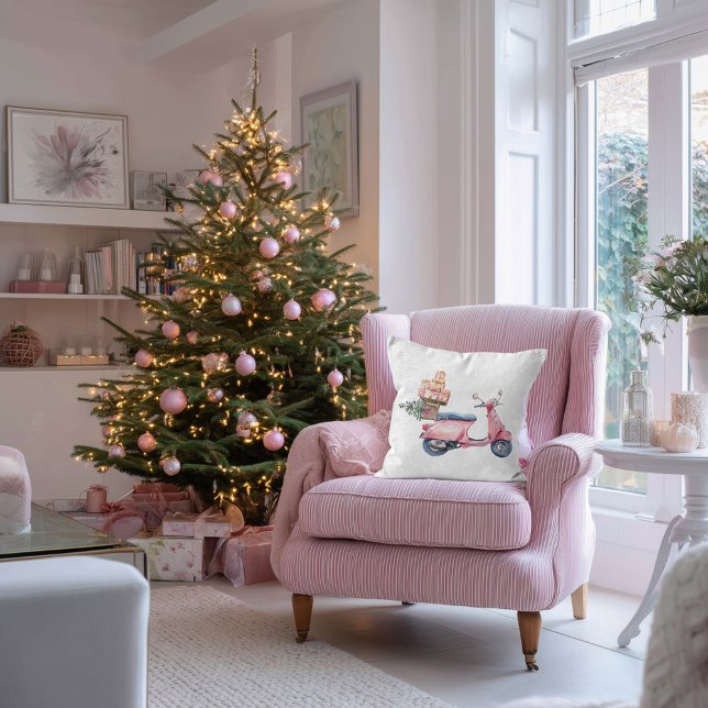 Rosa Vespa jul Shopping Resa Kudde (Pink Vespa Christmas shopping trip pillow )