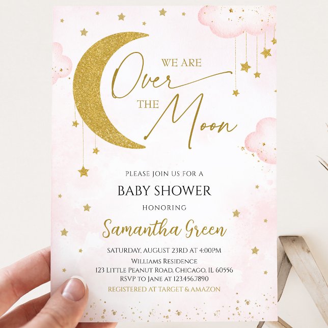 Rosa Vi är över månen Baby Shower Inbjudan (Skapare uppladdad)