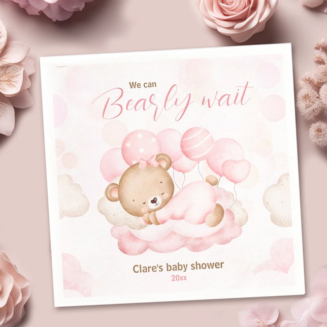Rosa vi kan bota vänta på babyskor pappersservett (Pink We Can Bearly Wait Bear Baby Shower Napkins)