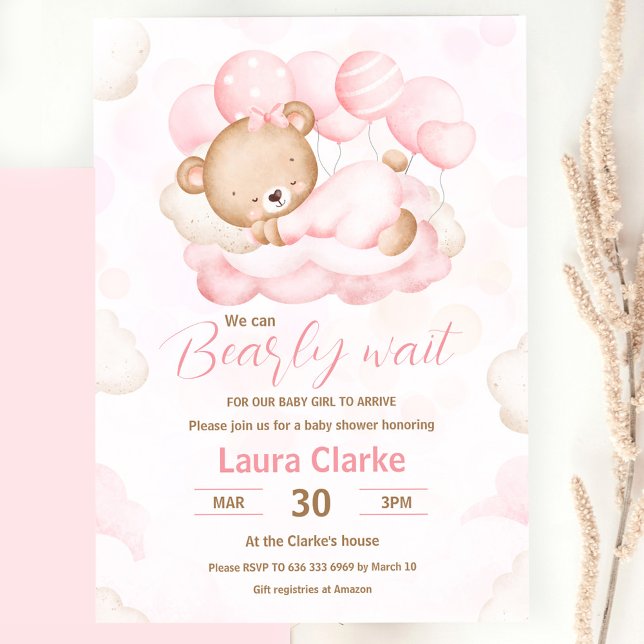 Rosa Vi kan tidigt vänta på babybabyskor Inbjudningar (Pink We Can Bearly Wait Girl Bear Baby Shower Invitation)