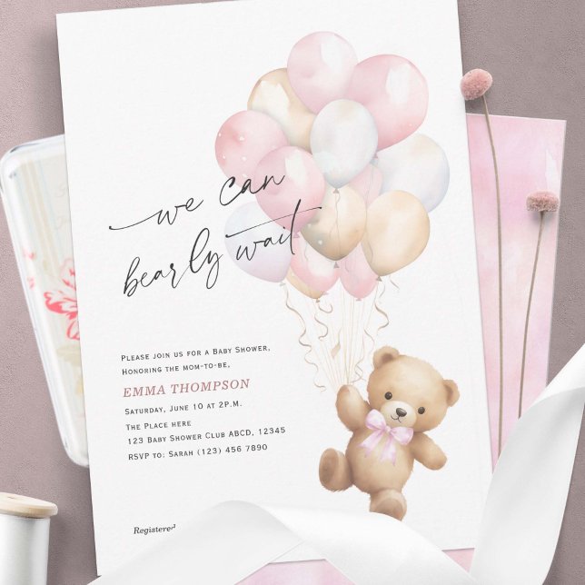 Rosa vi kan vänta enkelt Flicka-duschar Inbjudningar (Pink We Can Bearly Wait, Cute Teddy Bear Baby Girl Shower Invitation.)