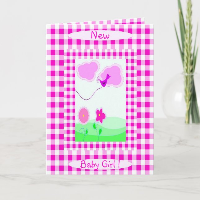 Rosa Vichy Nyfödd bebis Girl Notice Meddelande (Framsida)