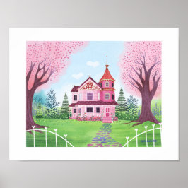 Rosa Victorian House & Cherry Blommar Art Print Poster