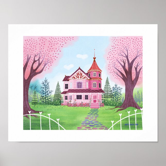 Rosa Victorian House & Cherry Blommar Art Print Poster (Framsidan)