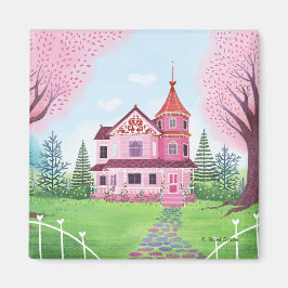 Rosa Victorian House & Cherry Blommar Magnet