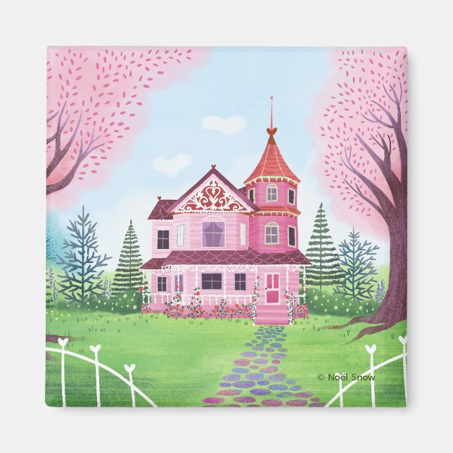 Rosa Victorian House & Cherry Blommar Magnet (Framsidan)