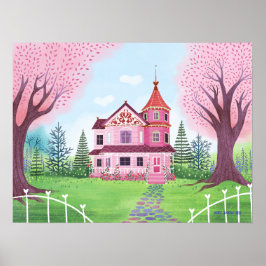 Rosa Victorian House & Cherry Blommar Poster