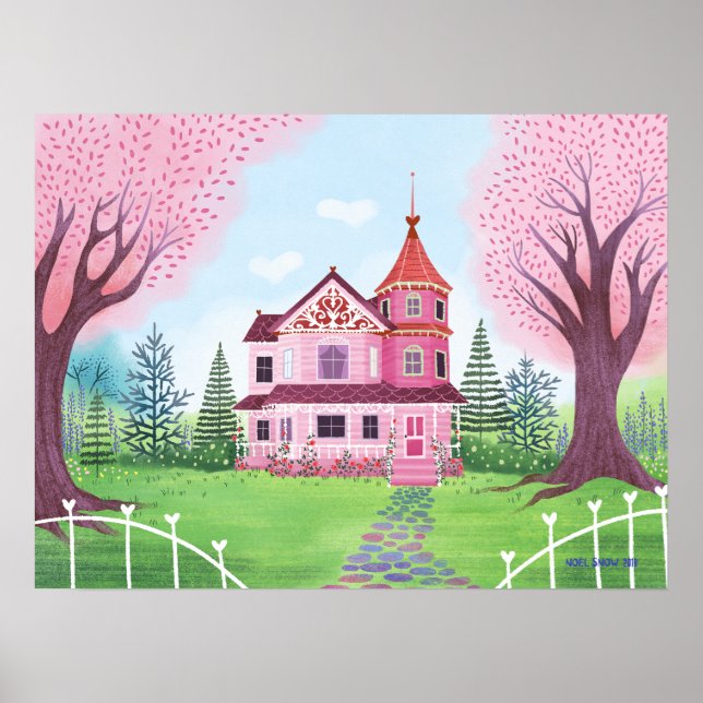 Rosa Victorian House & Cherry Blommar Poster (Framsidan)